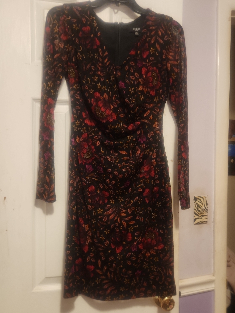 Guess Black Long-Sleeve Floral Wrap Dress with Red & Orange Accents
